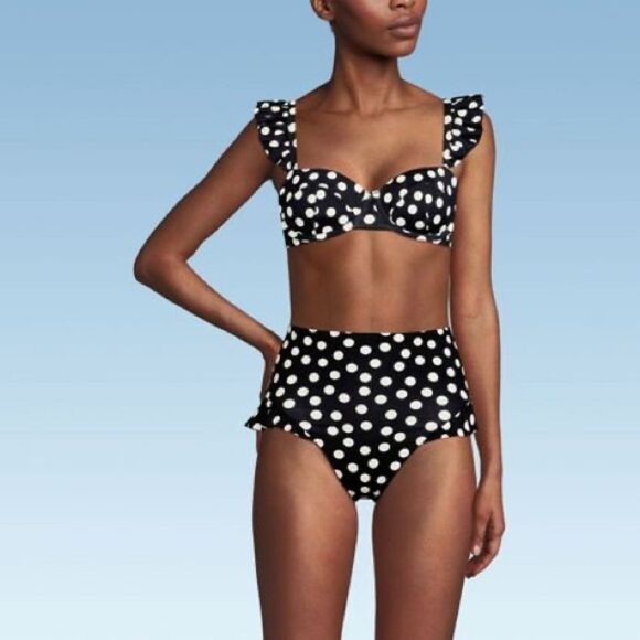 Land's End Plus Size Balconnette bikini wire black egret polkadot ruffle 14 DD - Picture 4 of 6